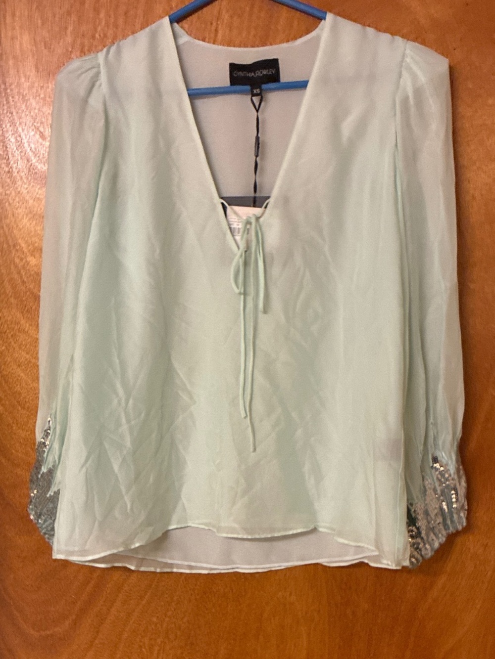 NWT Cynthia Rowley Starburst Peasant Mint Silk Romantic Feminine Sequins Blouse - Picture 3 of 5
